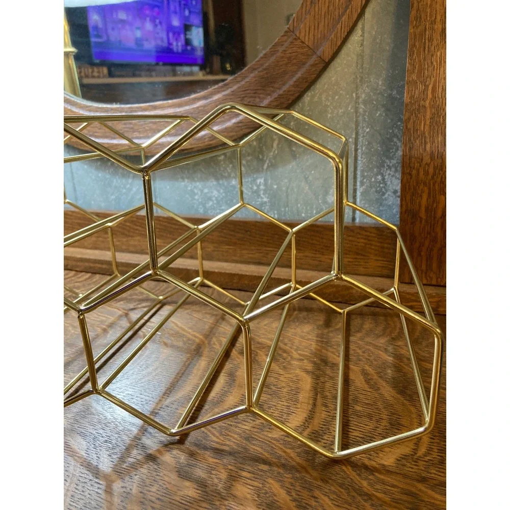 Modern Gold Wire Honeycomb Wine Rack 6 Bottle Geometric Metal Countertop Display